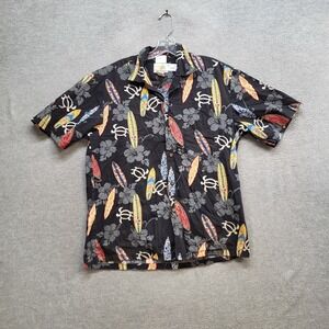 VINTAGE Aloha Men Button‎ Up Shirt Medium Black Surf Allover Print Hawaiian